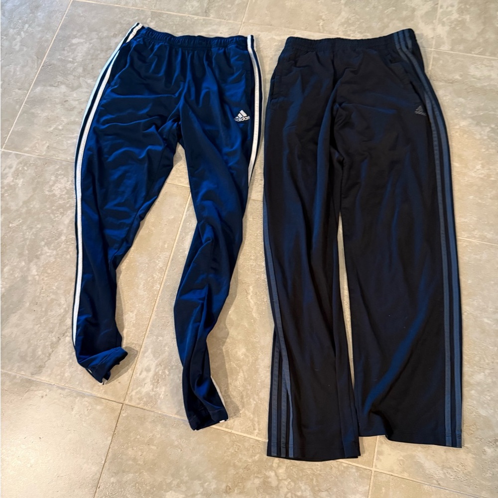 Adidas Blue and Black Sweatpants with Three-Stripe Design